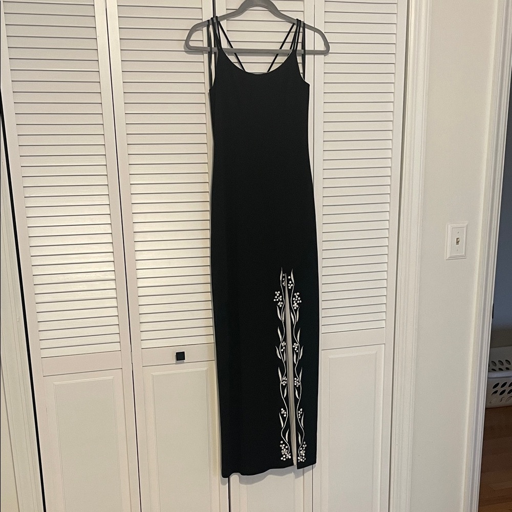 Black Strappy Maxi Dress with White Floral Accent